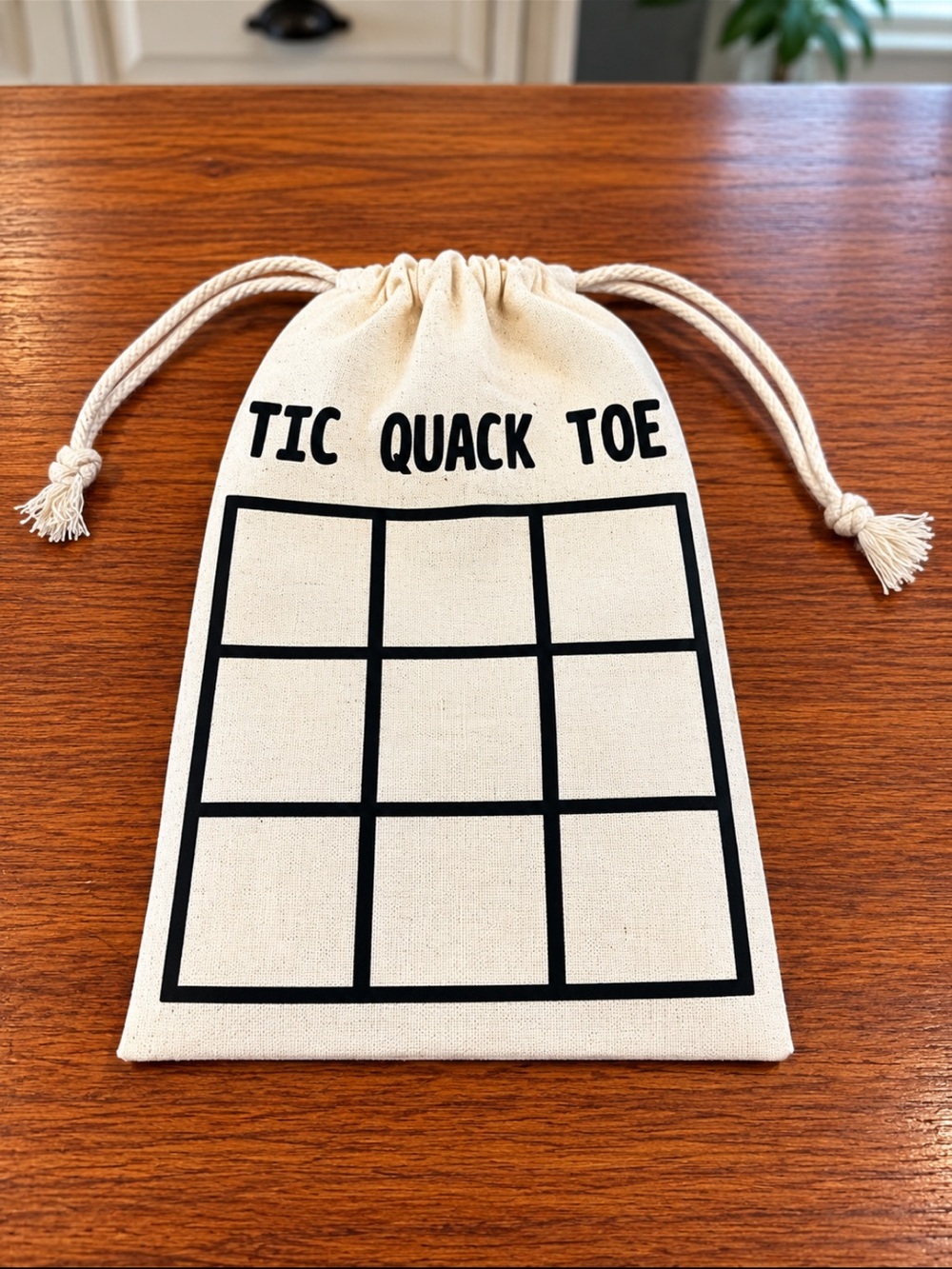 Canvas Drawstring Game Bag - Natural "Tic Quack Toe"